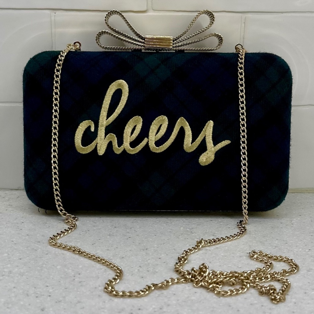 NEW Talbots Holiday Black Watch plaid “cheers” Embroidered Clutch Purse Bag